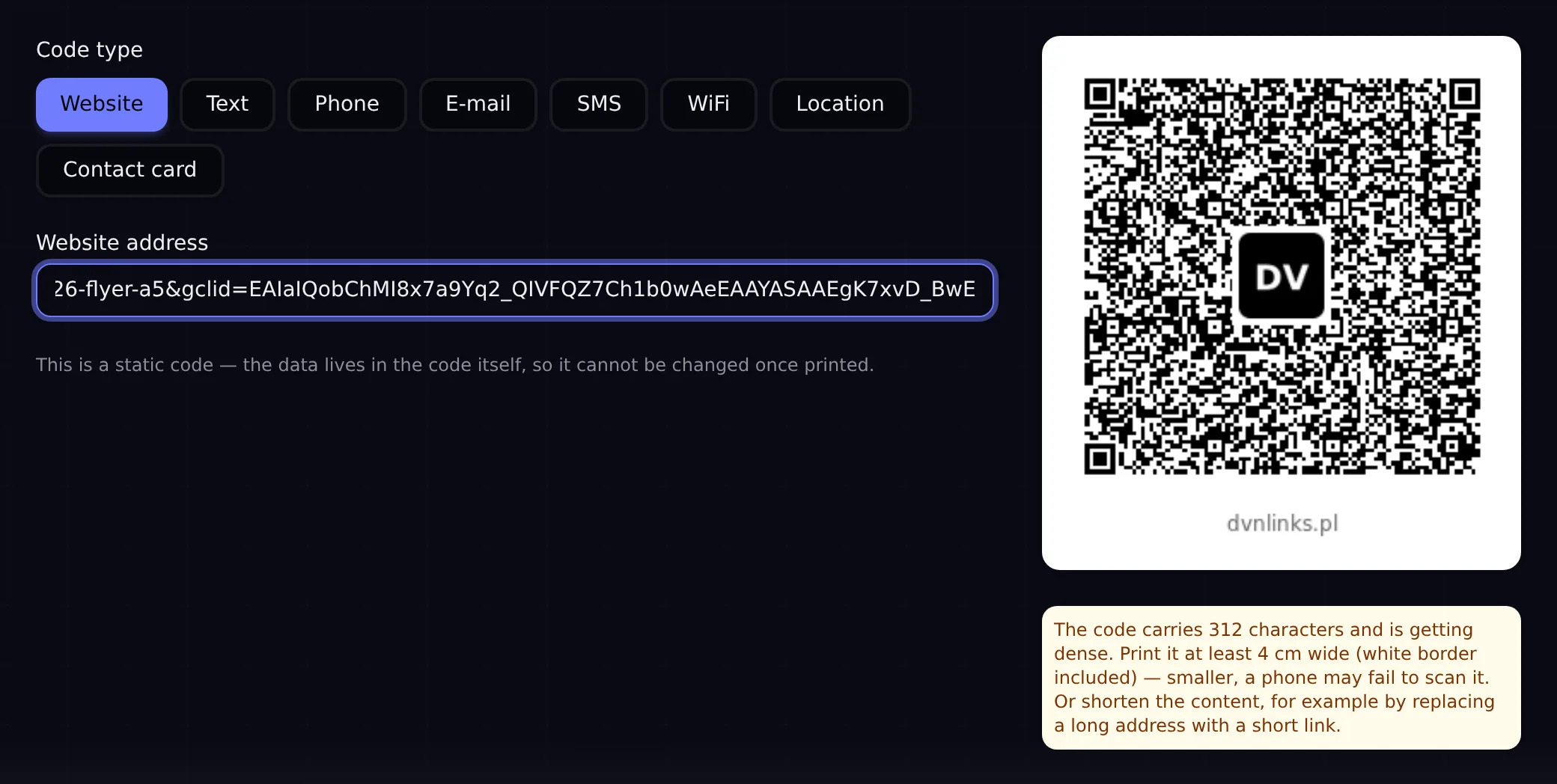 Dense code warning in the QR generator