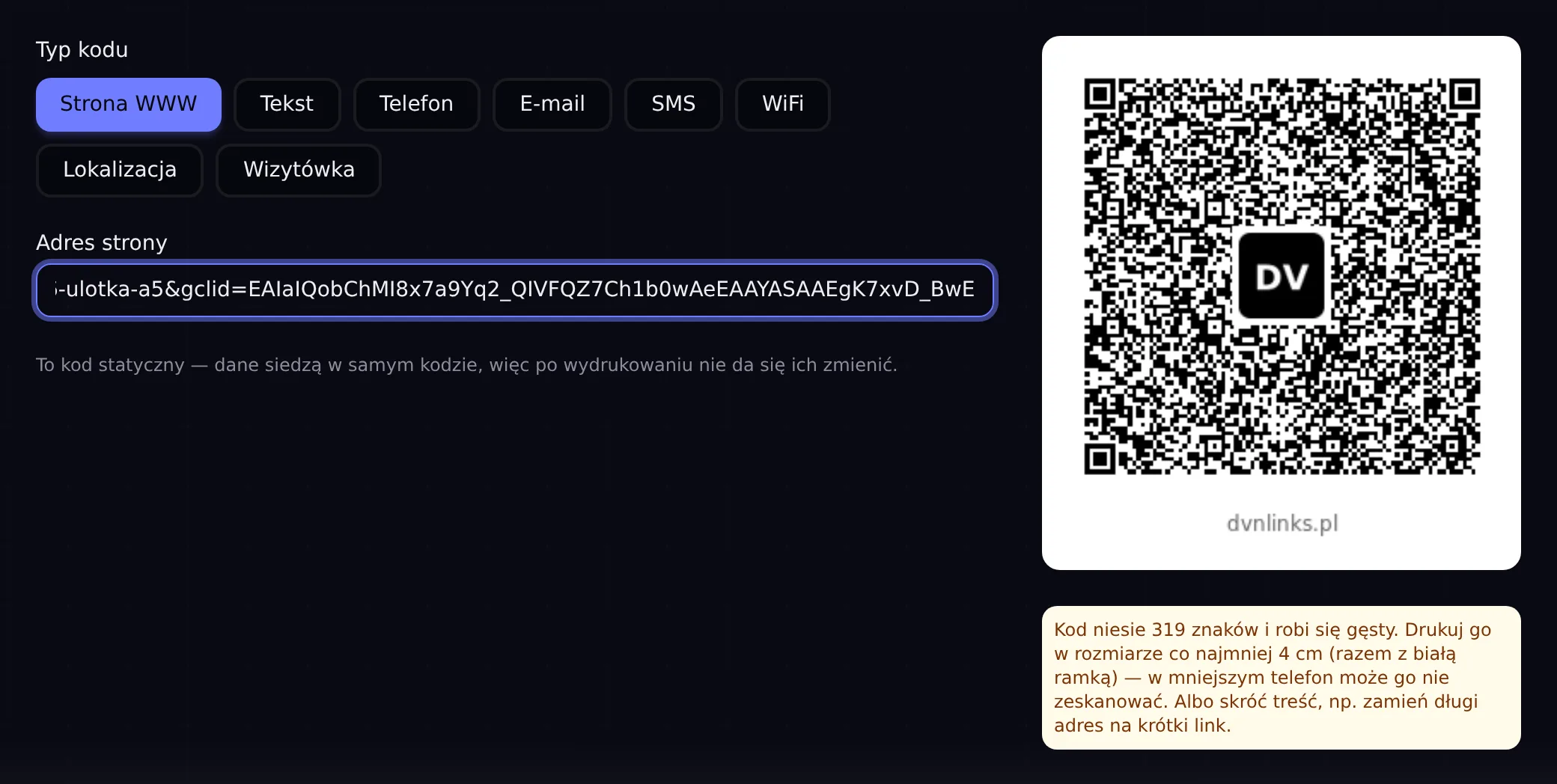 Ostrzeżenie o gęstym kodzie w generatorze QR
