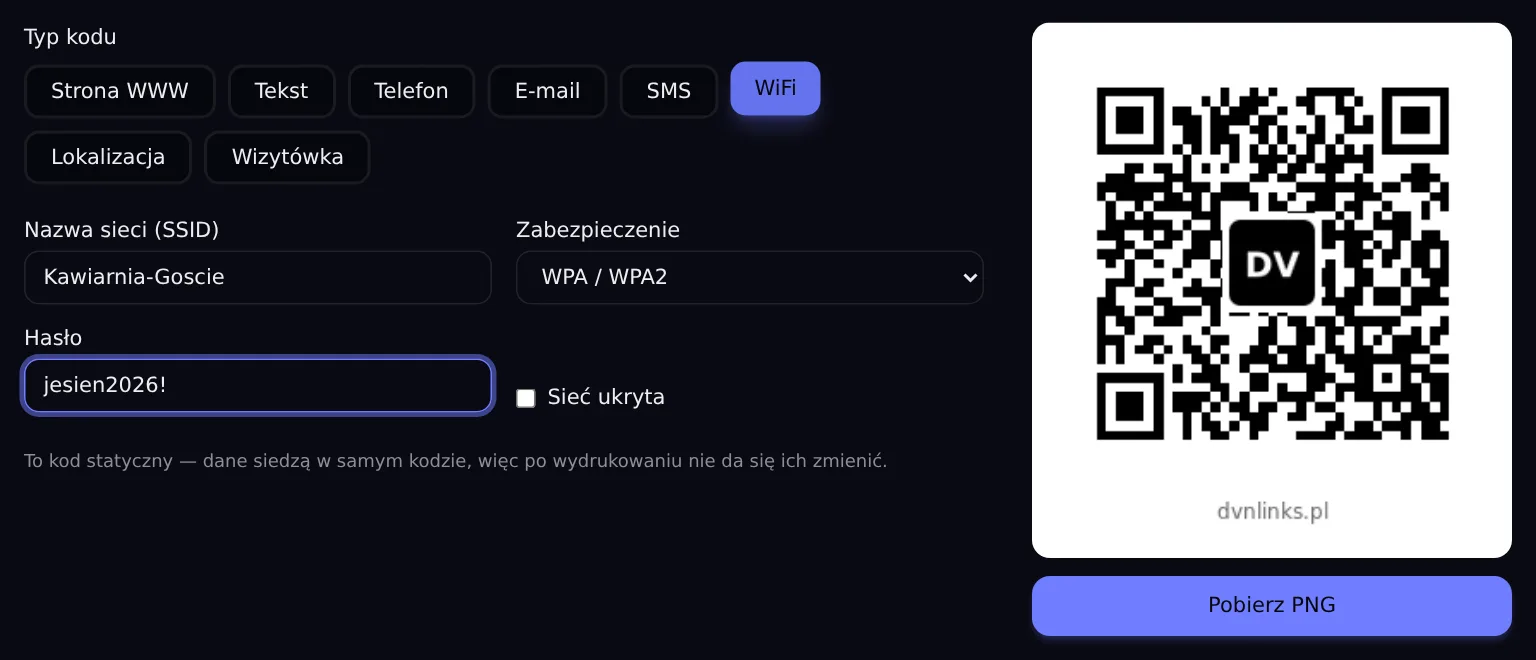 Generator QR DVN Links — kod do sieci Wi-Fi