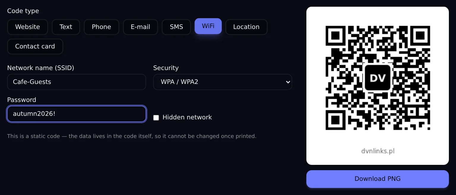 DVN Links QR generator — a Wi-Fi code