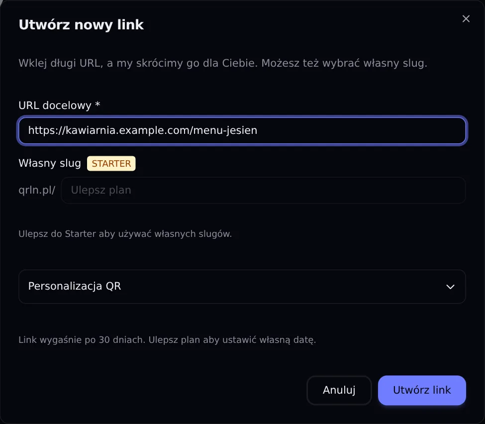 Formularz „Utwórz nowy link” na planie Free