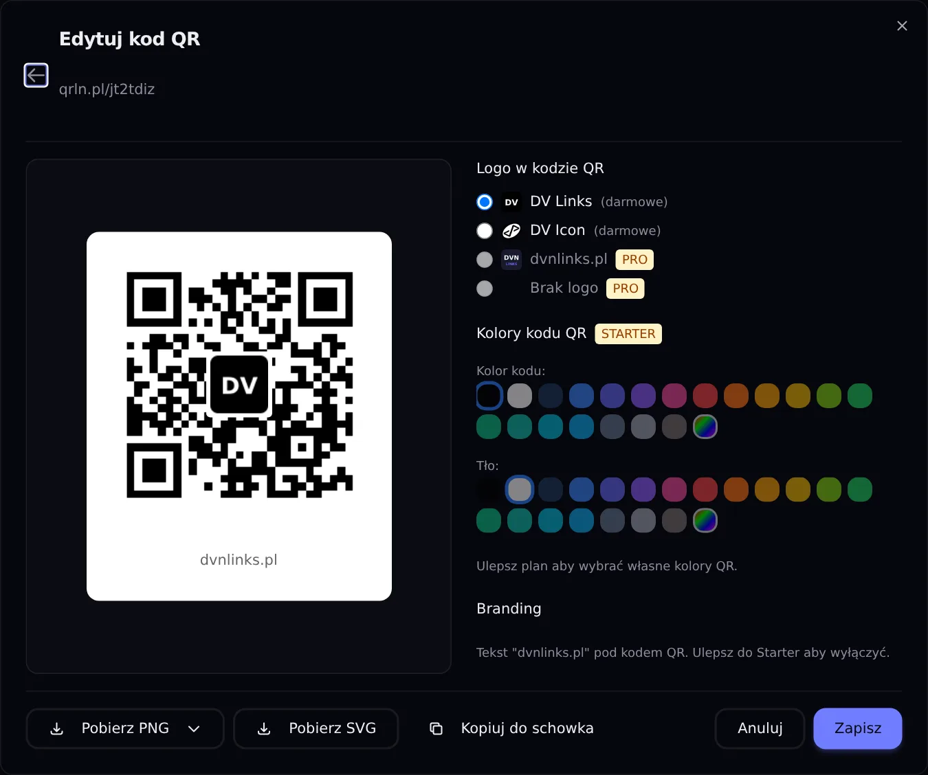Okno „Edytuj kod QR” na planie Free